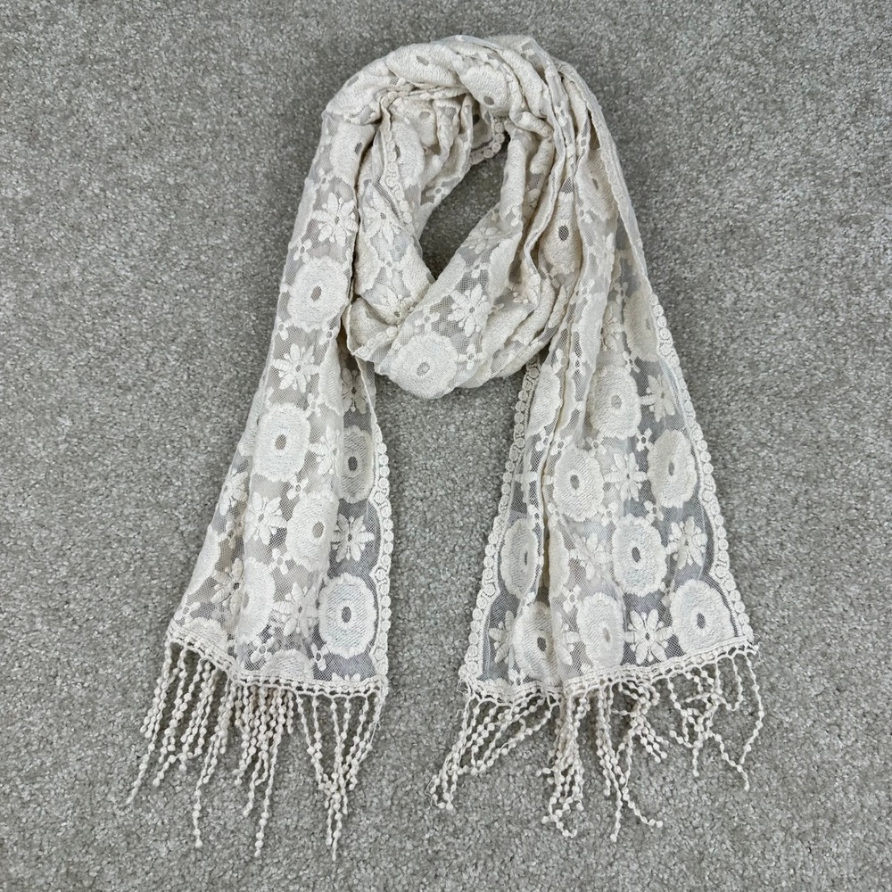 Vanity Cream Floral Lace Scarf Boho Cottagecore Fringed Cotton Blend Wrap Cream